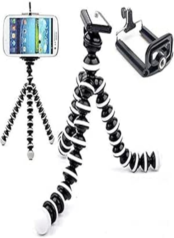 tr-24 flexible iphone tripod, octopus style lightweight mini portable adjustable tripod stand holder for cellphone, camera with universal clip - black/white
